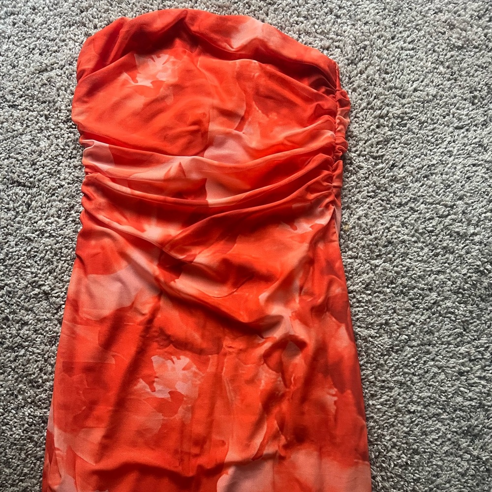 Strapless Orange Floral Ruched Women’s Dress